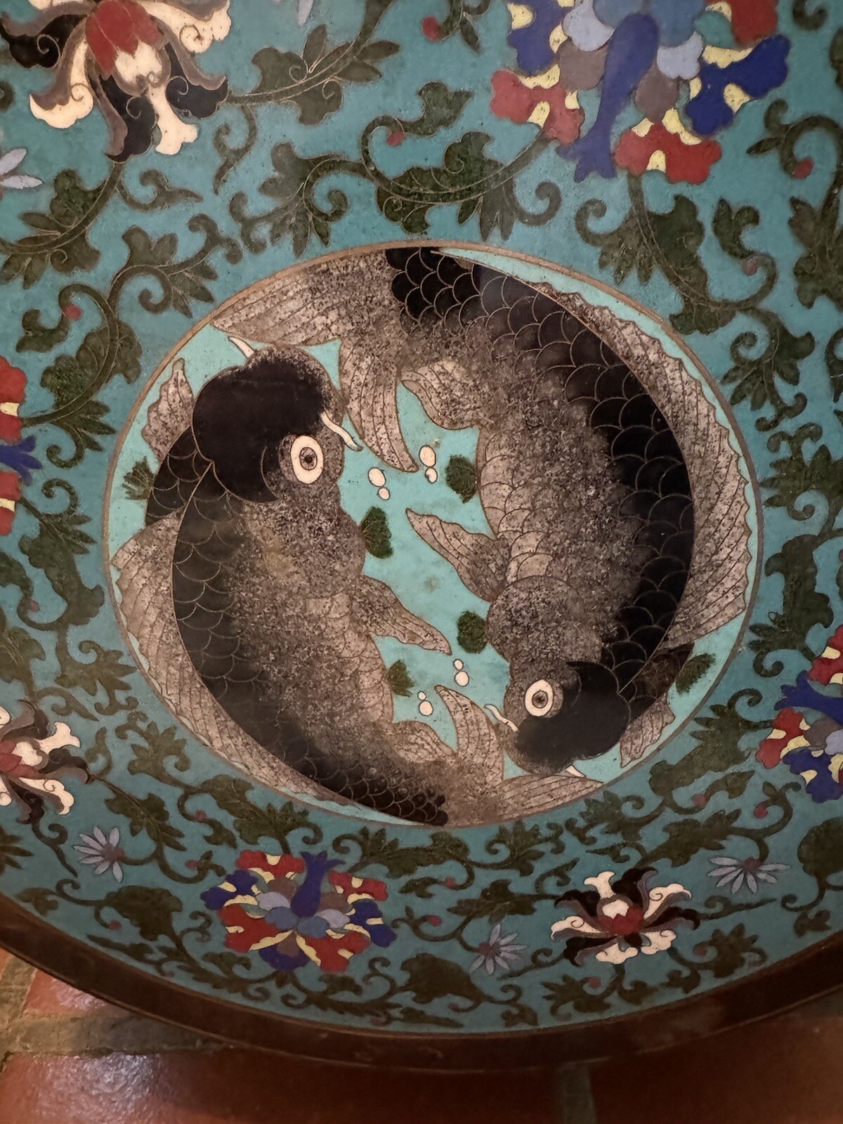 Antique Chinese Cloisonne Top Round Jardiniere Stand Two Fish Motif