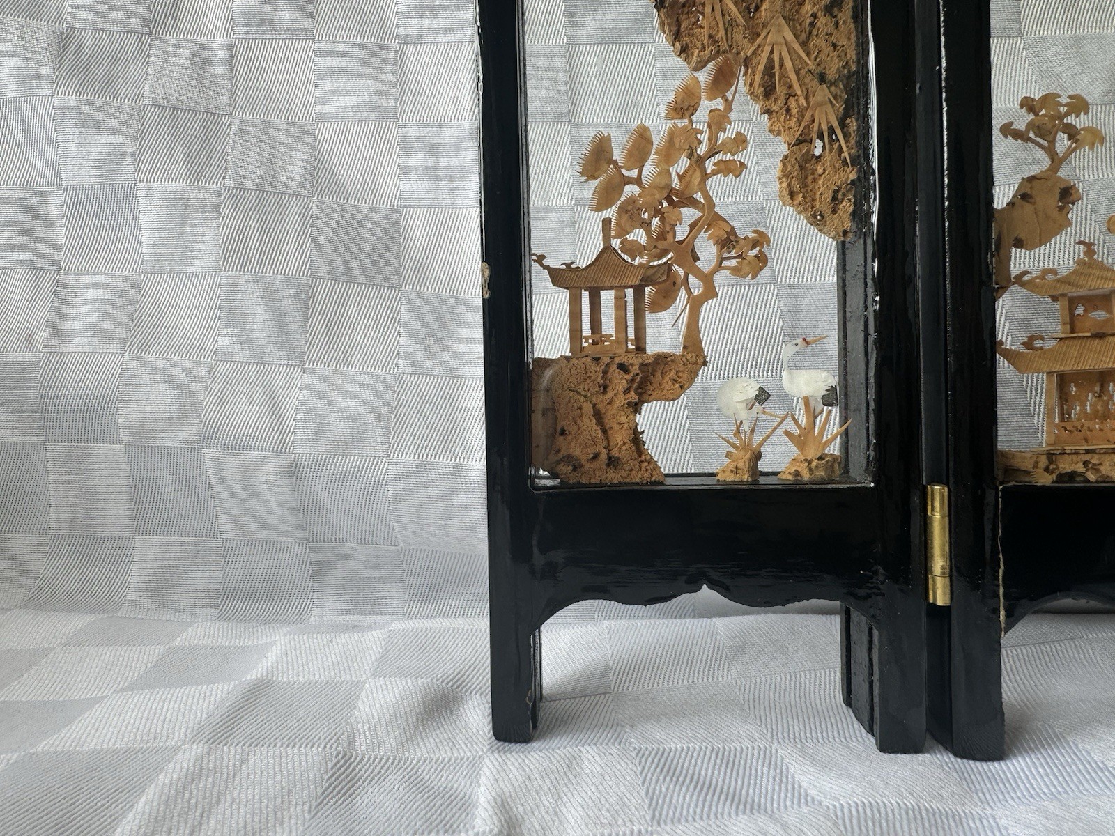Chinese Cork Art Folding Screen 6 Panel Diorama Landscape Pagoda Black Lacquer
