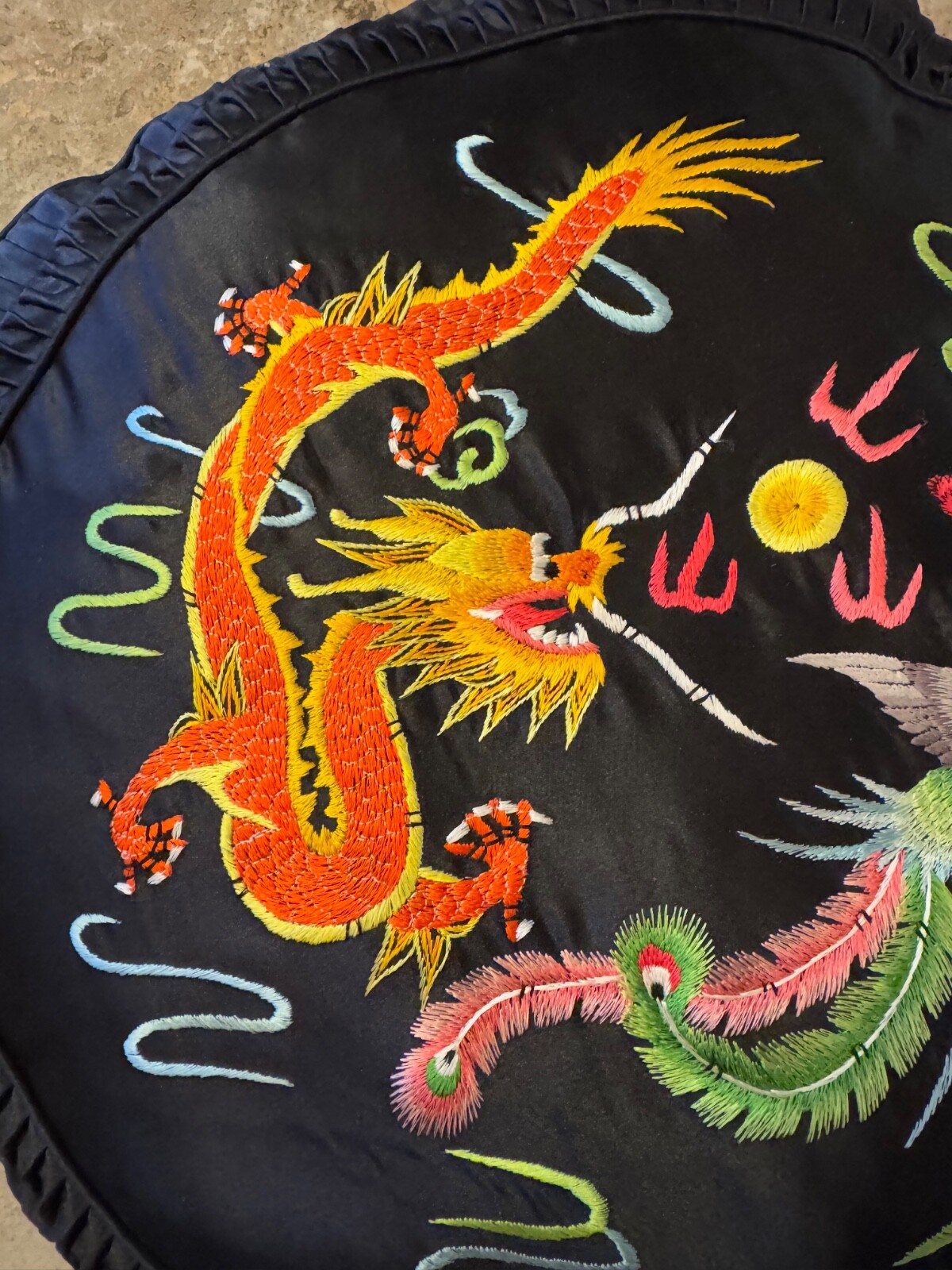 Golden Bee 1980s Vintage Chinese Silk Pillow Black with Chinese Dragons
