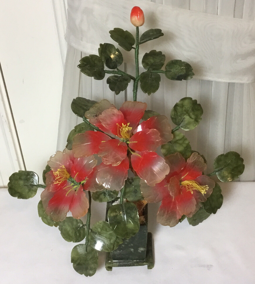 Vintage Chinese Hand Carved Jade Pink Flowering Bonsai Tree Plant14.5”H x 14”W