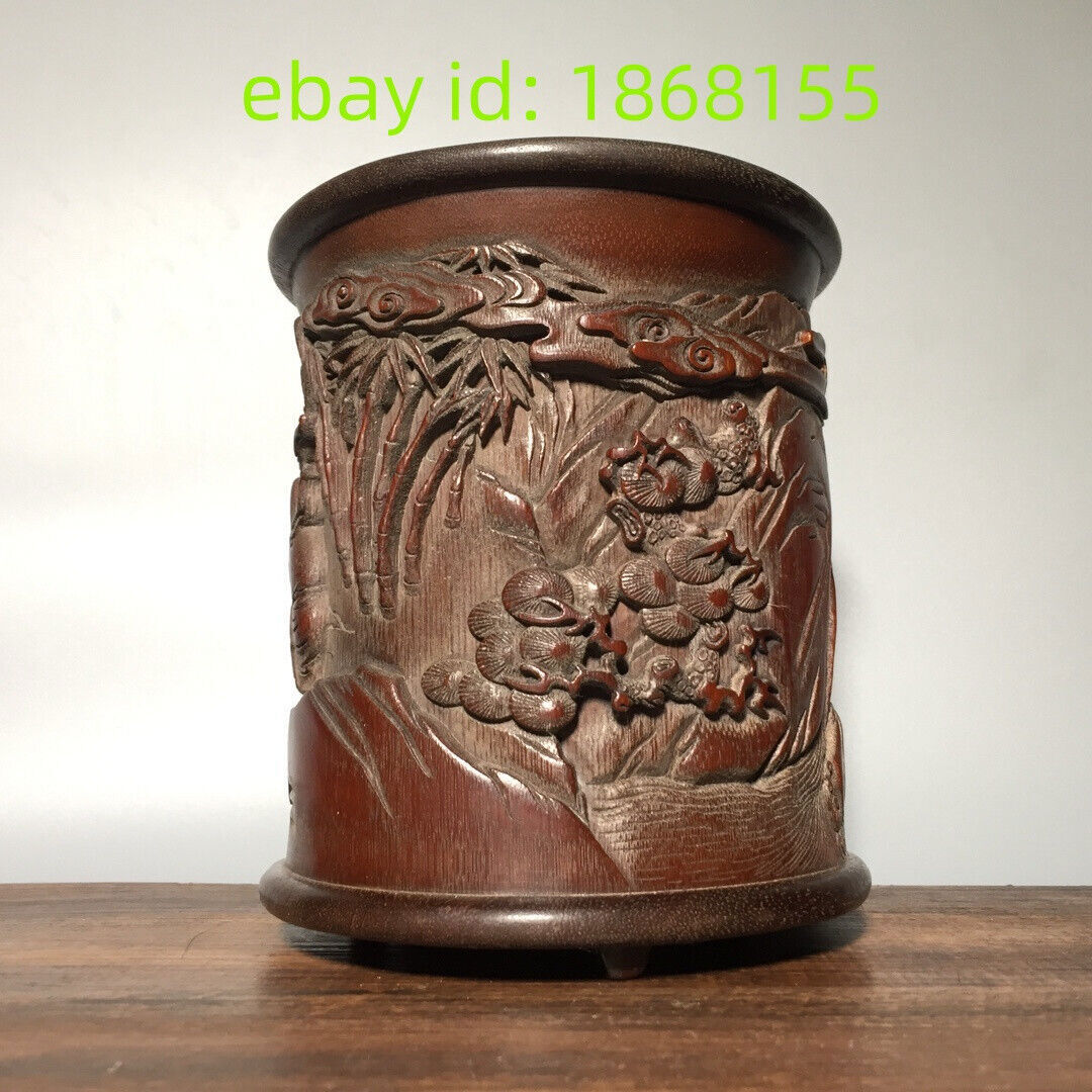 6.3″ Noble old Hand-carved Liu Hai Play Golden Toads statue bamboo Pen Brush pot
