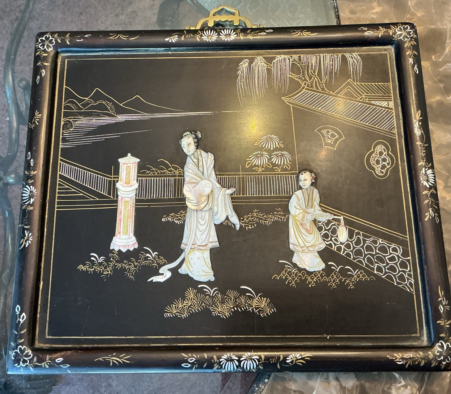 Vintage Asian Mother Of Pearl Soapstone Framed Art Wall Plaques | Black/Silver