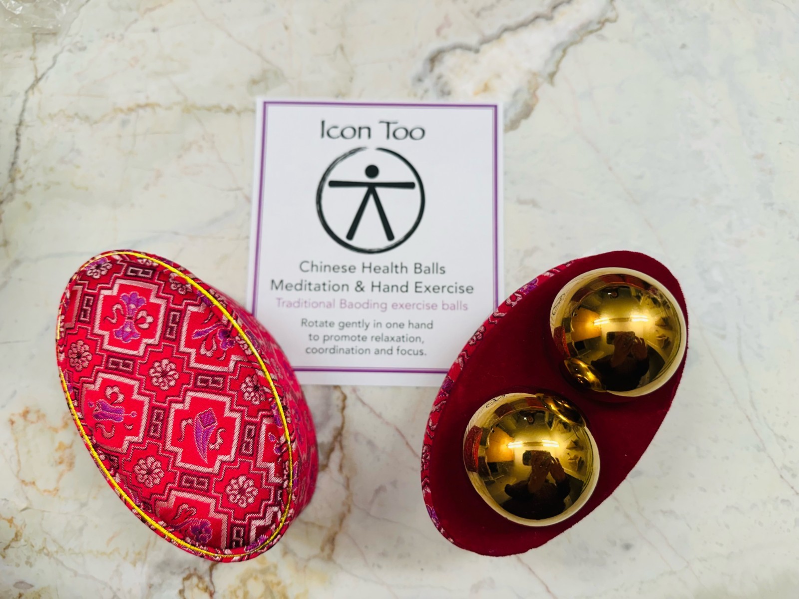 Icon Too Brass Baoding Chinese Health Balls Meditation Hand Exercise Set