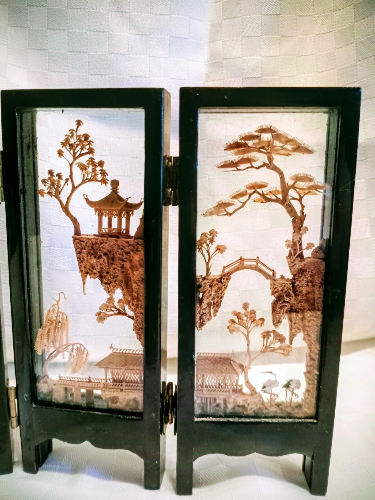 Chinese Cork Art Vintage 1980’s Miniature Screen Carved Birds, Trees, Pagodas