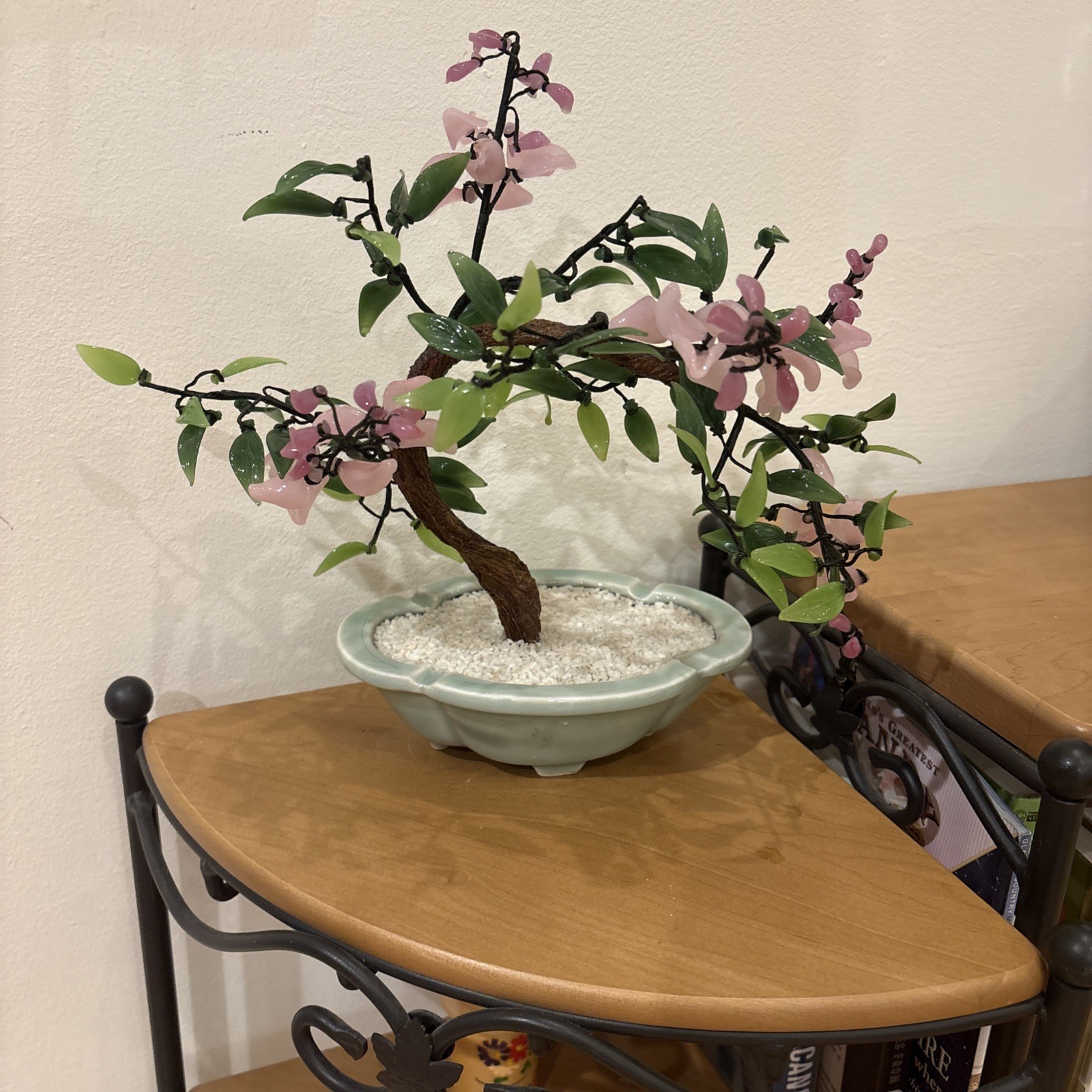 JADE BONSAI TREE CHINESE GLASS ASIAN FLOWERS in pot Approx 11” W X 10”T