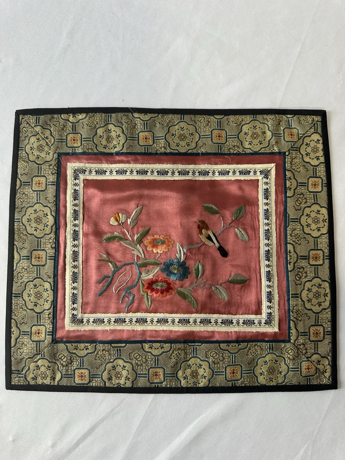 Vintage Chinese Silk Embroidered Square Textile Panel Patch 11×10 Floral Bird