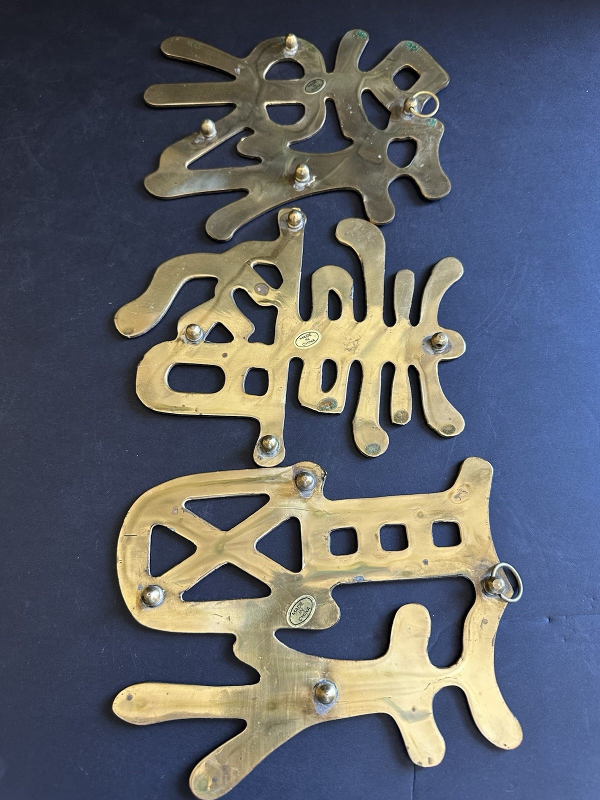 3 Chinese Symbols Solid Brass Wall Decor Trivets Happiness Good Luck Long Life