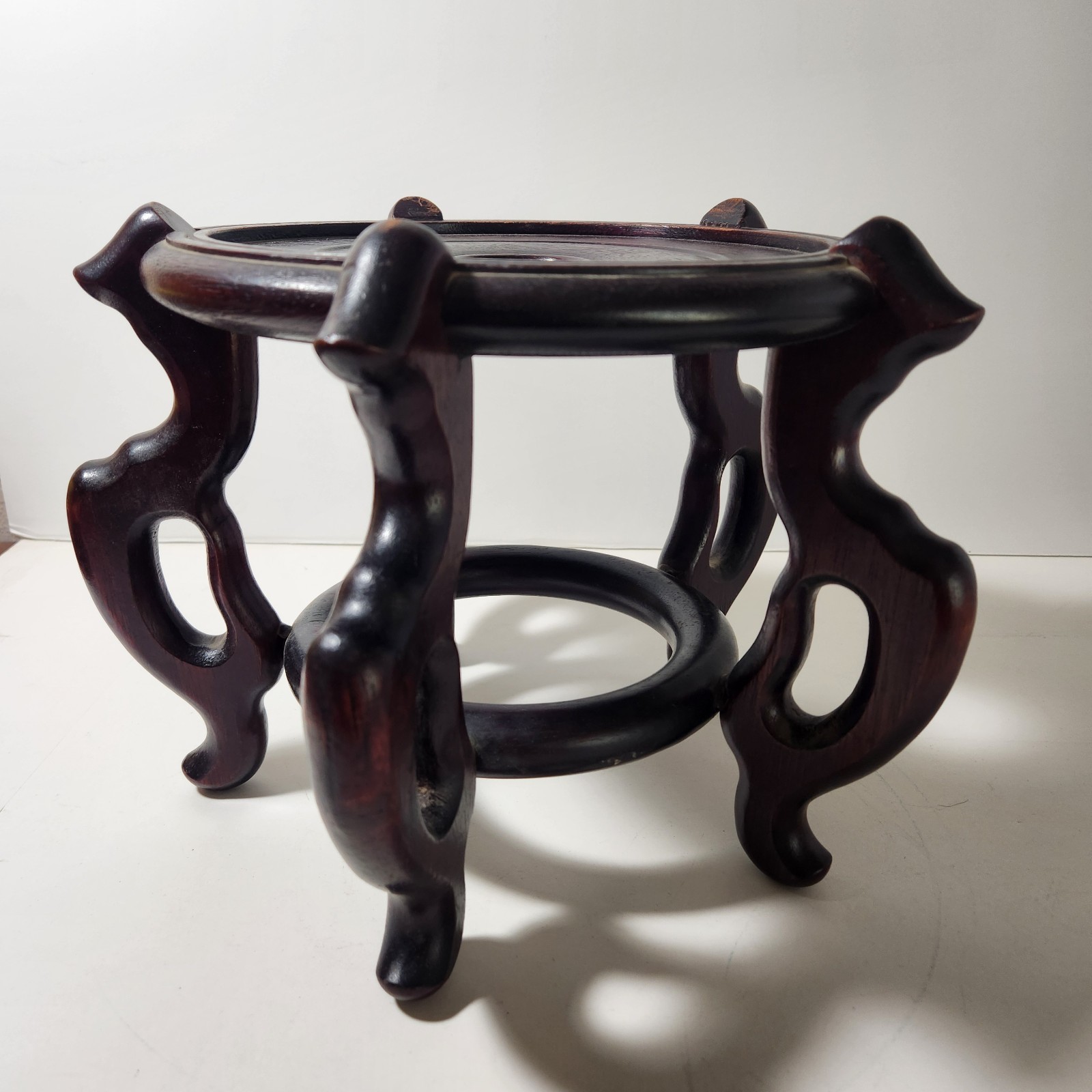 Vintage Chinese Carved Black Finish Wood Jardiniere Fishbowl Plant Stand 9″ High