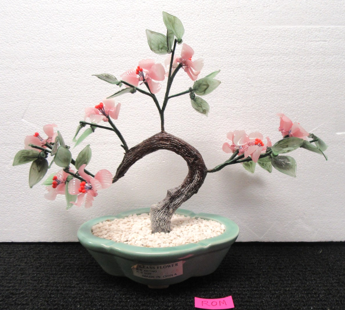 Vintage Chinese Jade Glass Bonsai Tree 14″ Wide x 11″ Tall Pink Flowers #ROM