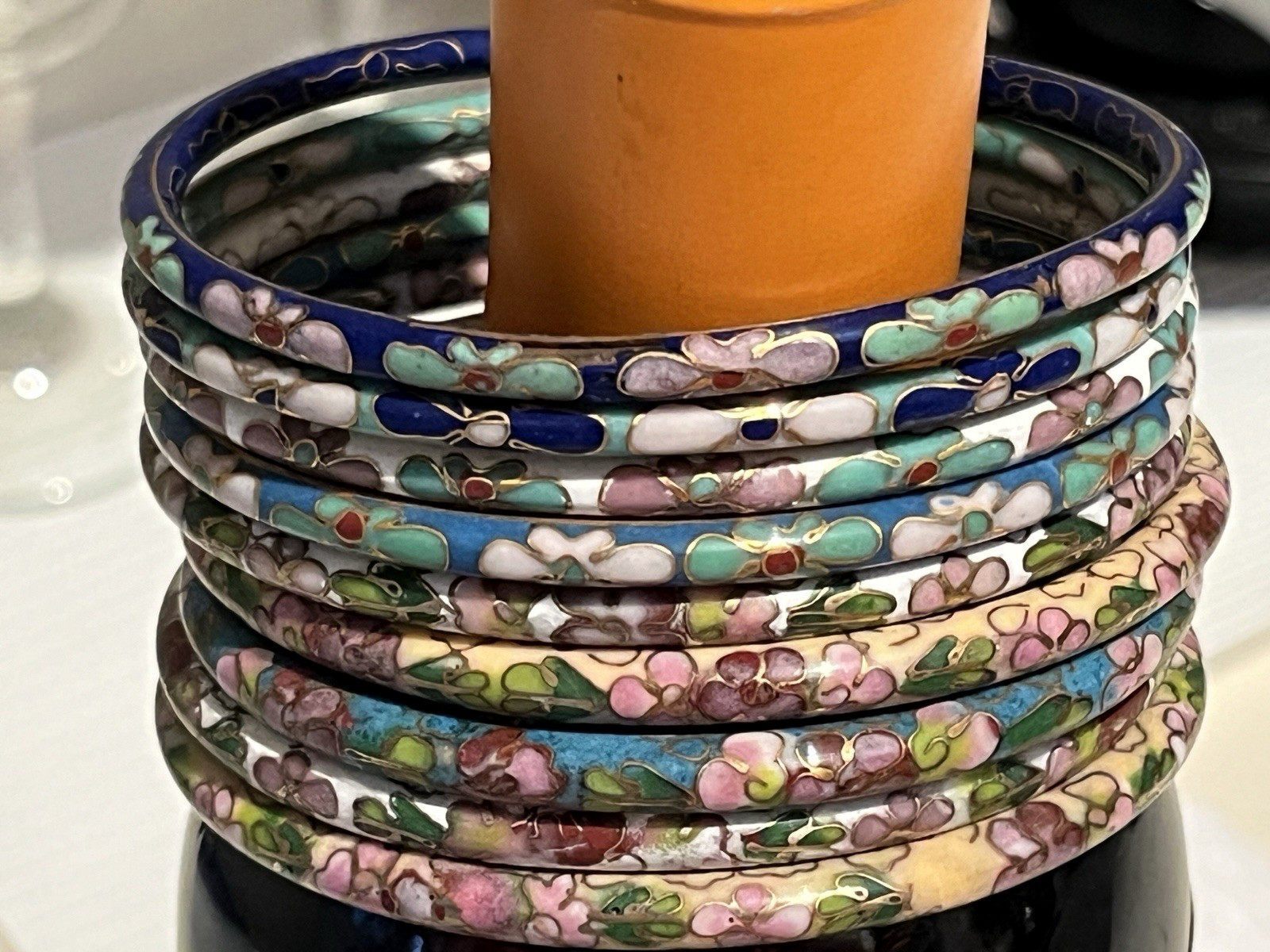 (9) Vintage c. 1987 Chinese Cloisonné Bangle Bracelets Floral Multicolor
