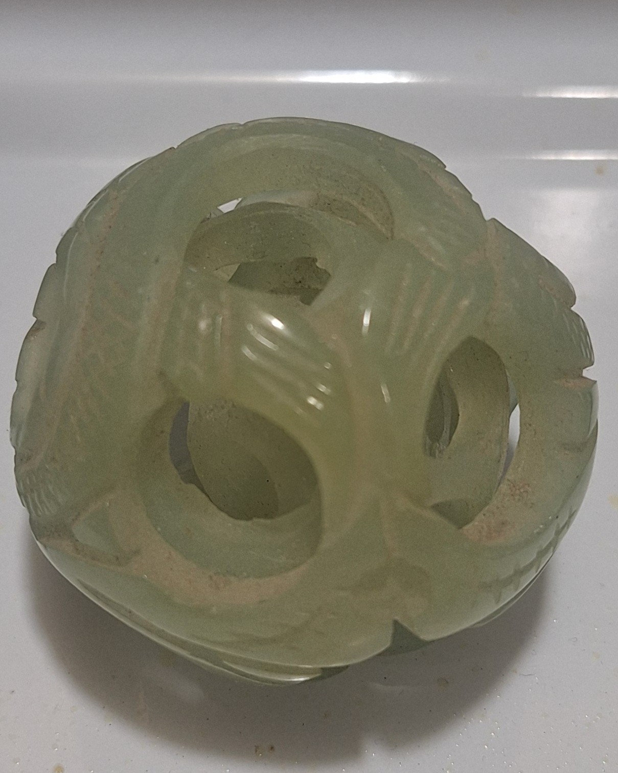 Vintage Chinese Hand Carved Jade Stone Puzzle Ball Sphere 3-Layer Sculpture 3″