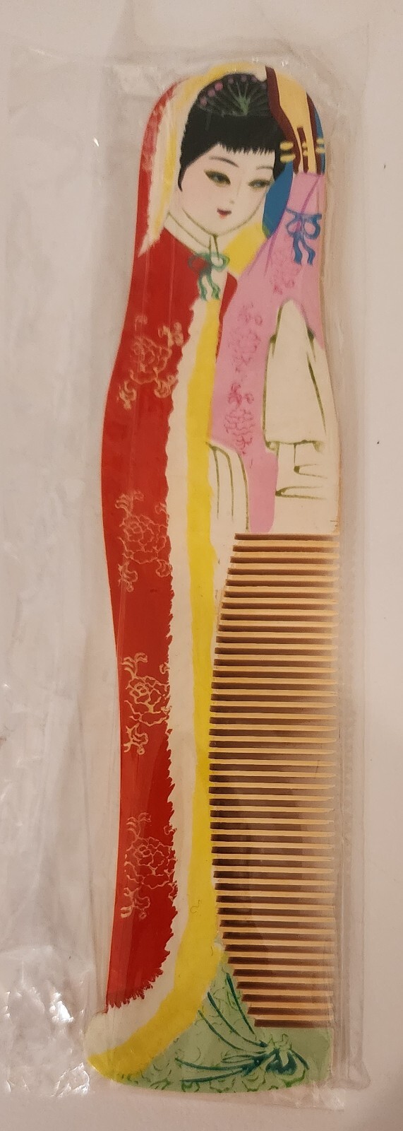 Vintage Chinese Geisha Girl Woman Wood Comb Hand Carved Painted Original Package