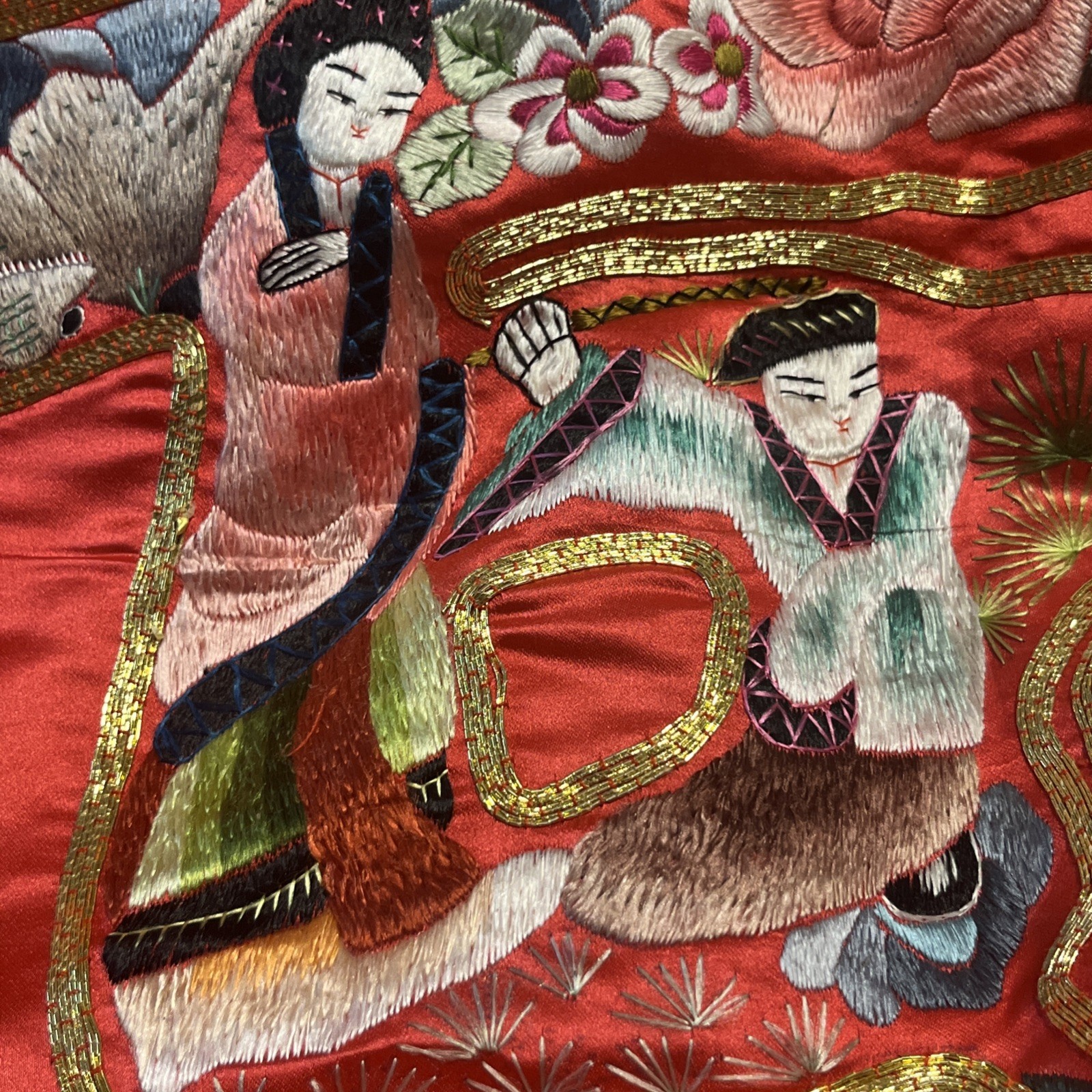 Vintage Red Embroidered Eight Immortal Longevity Wall Hanging Fabric 23”x32.5”