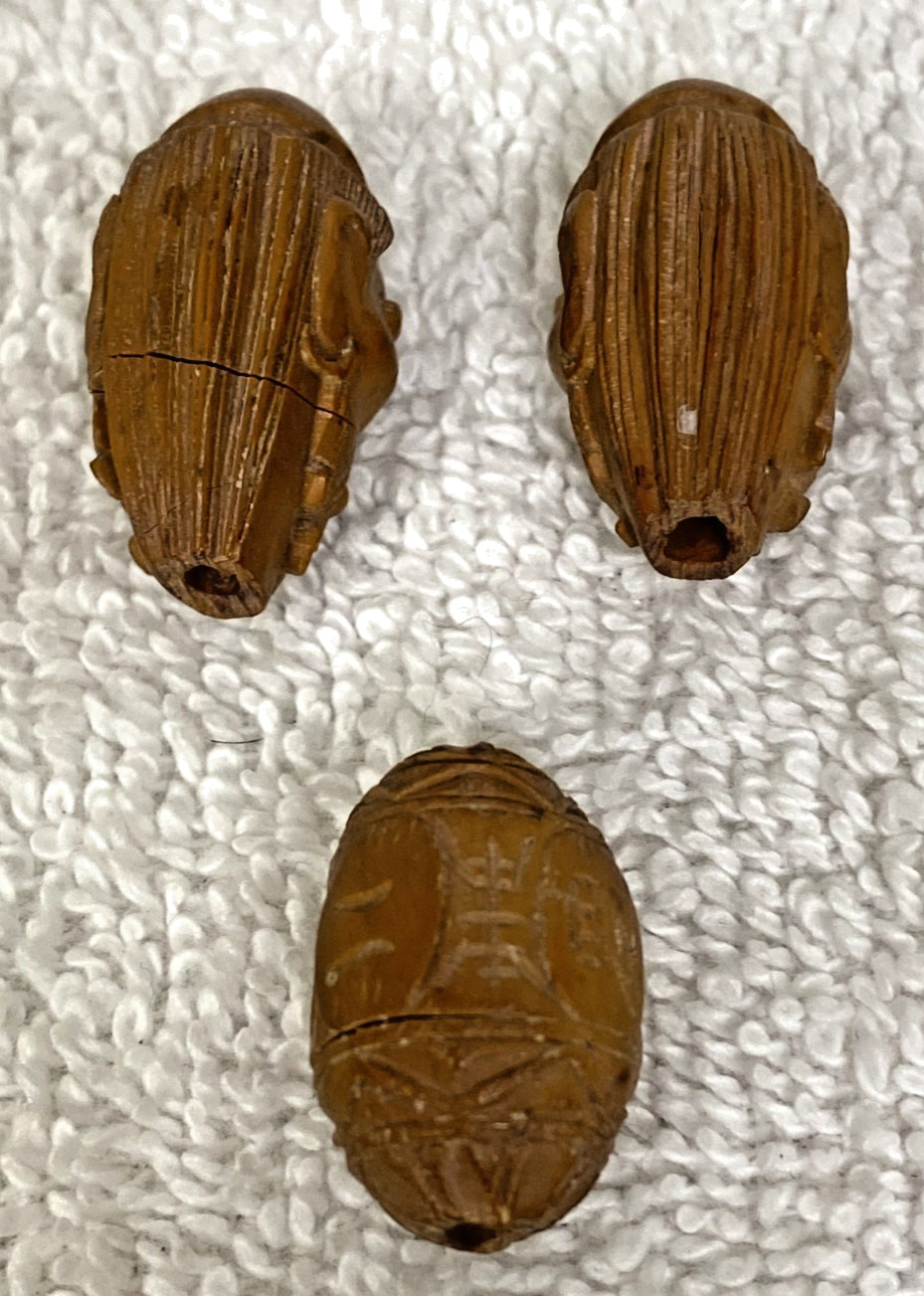 3 Chinese Hediao Deity Faces Symbols Hand Carved Nut Wood Beads 15/16″ – 1 1/8″
