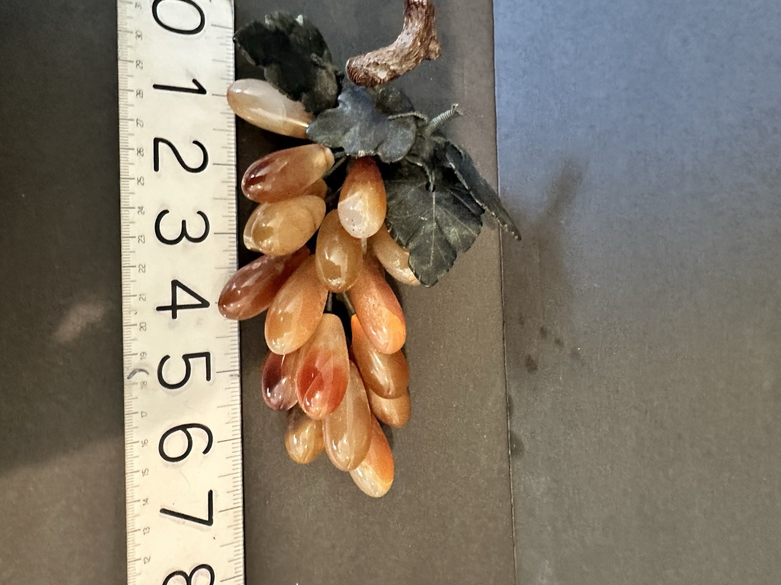 Grape Cluster With Brown Agate Quartz Carved Jade Leaves MCM 1950s