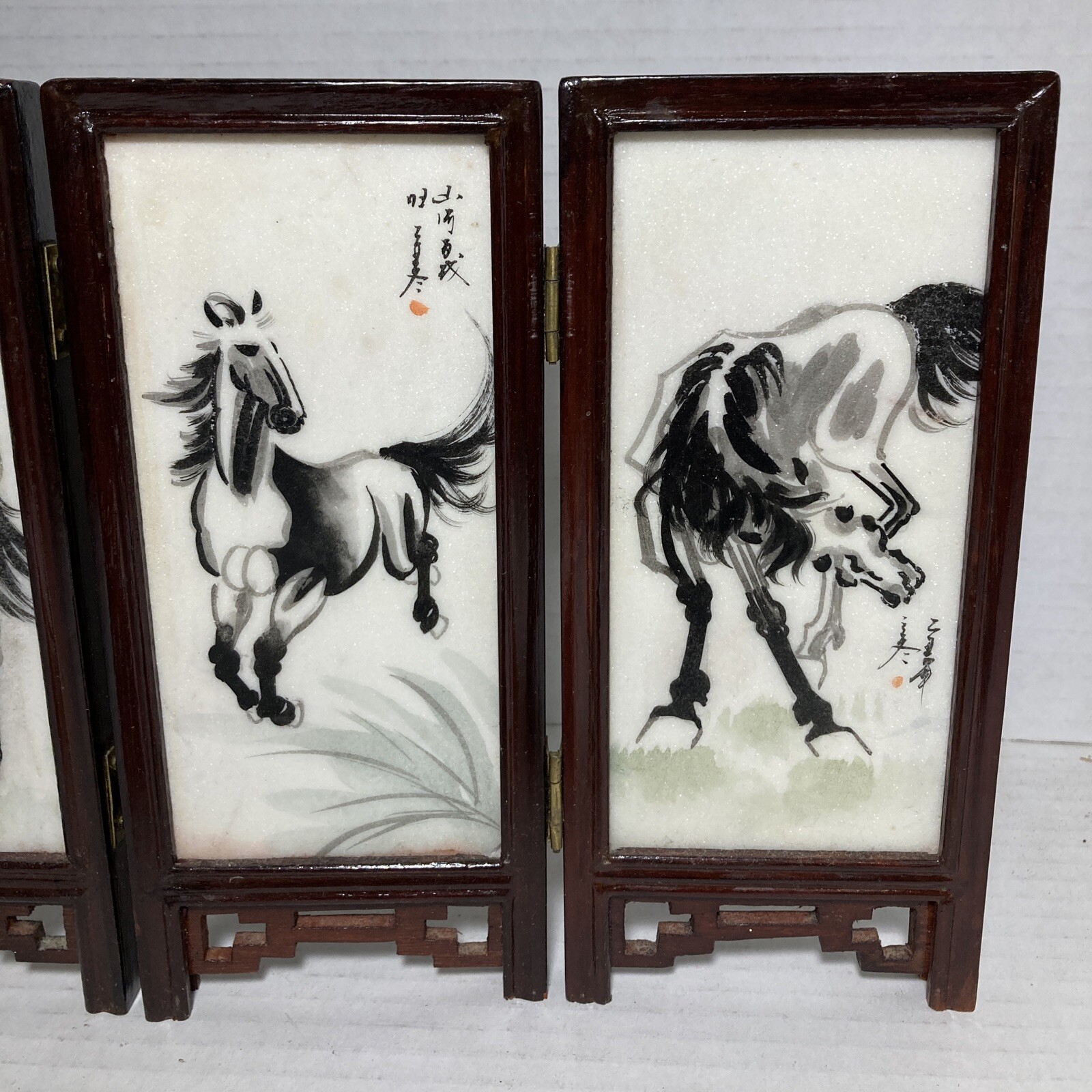 Chinese Oriental Desk Top Tile & Wood 2 Sided Folding Screen Horse Koy Fish