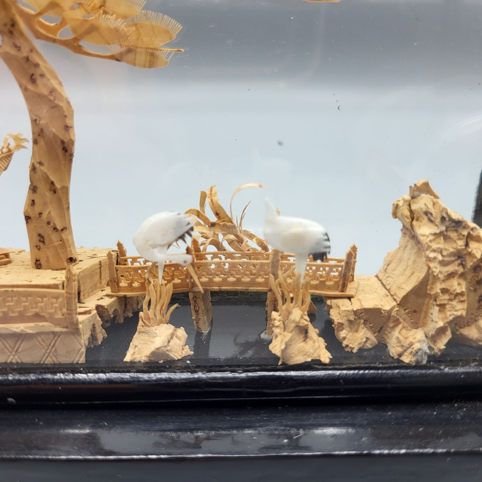 Vtg Chinese Hand Carved Cork Diorama Cranes Black Lacquer Art Stand 5″ x 7.75″