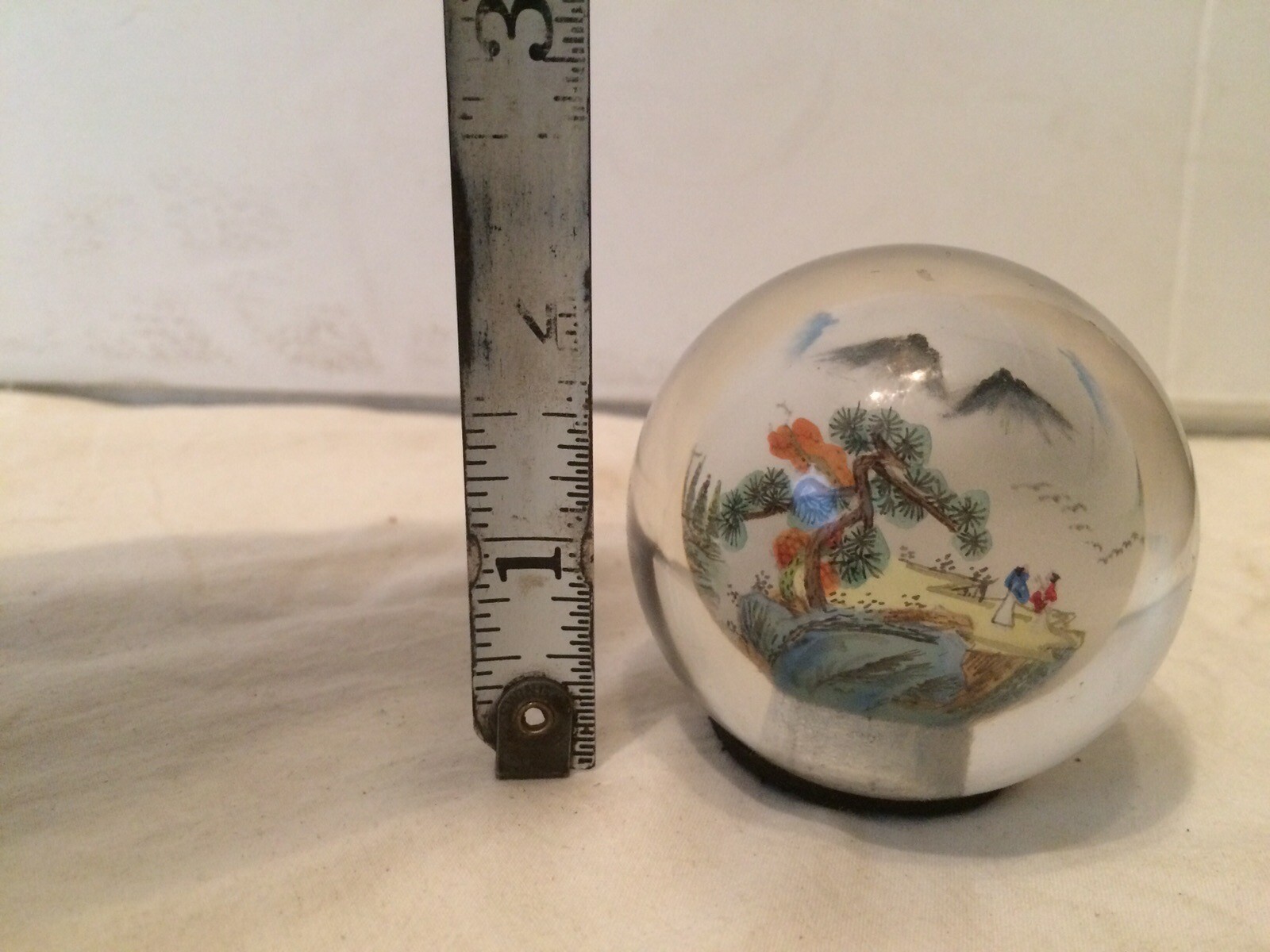 VTG Reverse Painted Glass Ball Sphere Paper Weight Oriental Asian Mountain Scene