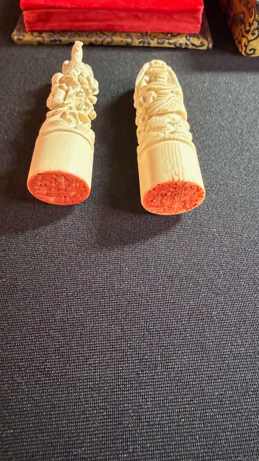 Vintage Pair of Chinese Chop Stamps Hand Carved Dragon & Rooster in Box