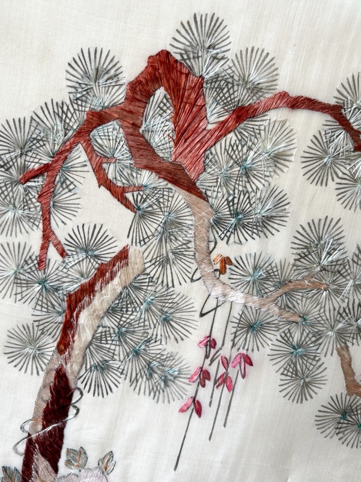 Antique Chinese Silk Embroidery Panel | Hand-Stitched Crane & Pine | 22” Textile