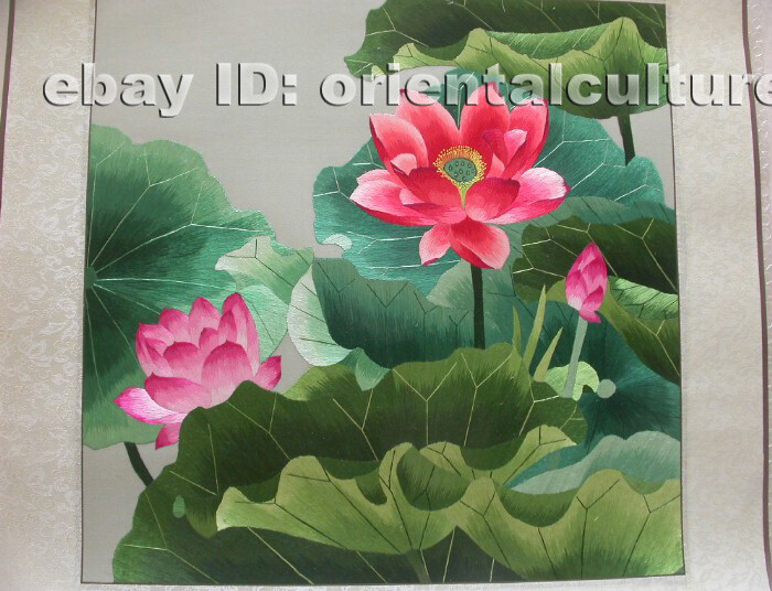 Chinese 100%hand embroidered silk brocade mounted suzhou embroidery:Lotus flower