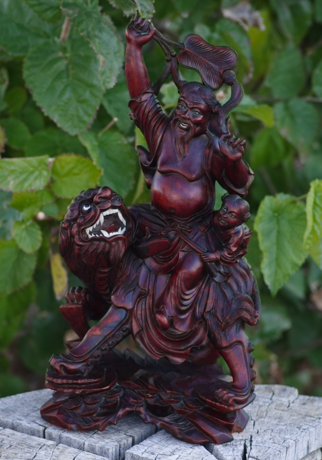 Boxwood Hand Carved Buddha Riding Foo Dog Large 16″ China 1950s MAGNIFICENT ART!