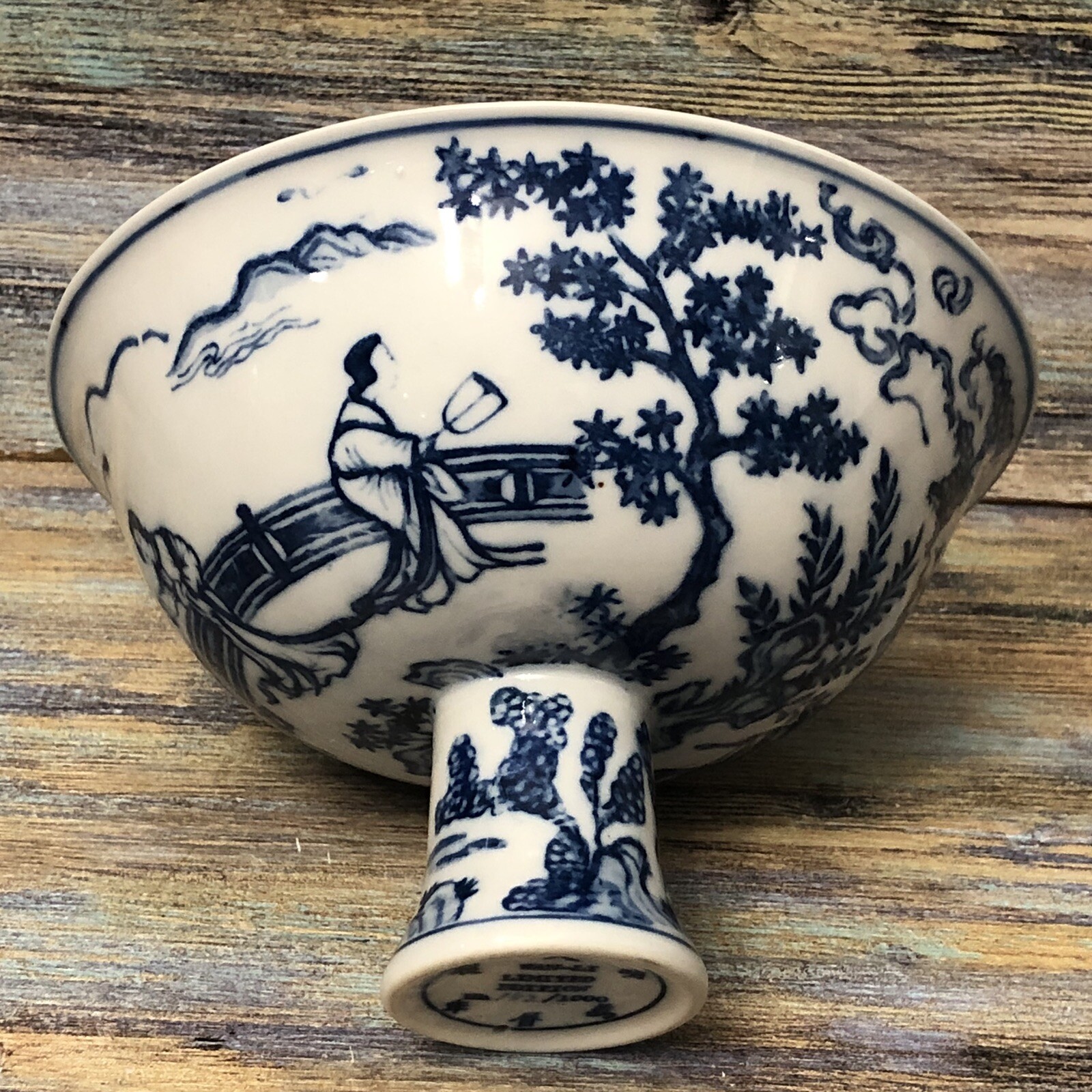 VTG WAN-LI LIMITED EDITION Porcelain Footed Pedestal Bowl 152/1000 White & Blue