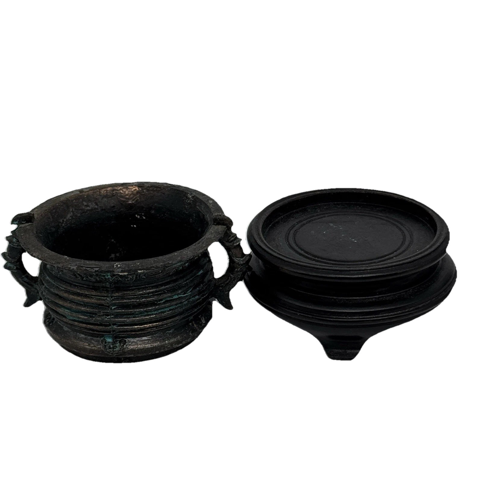 Vintage Set of 3 Chinese Bronze Small Leiwen Ding Tripods Censer Wooden Stand