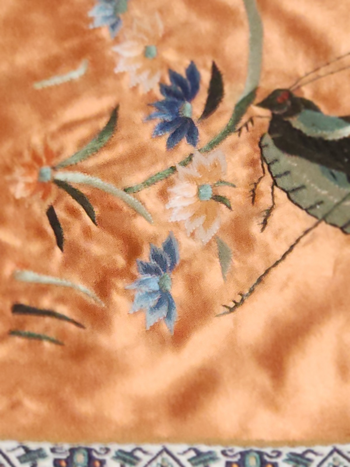 Vintage Chinese Hand Embroidered Silk Panel Flowers Grasshopper Design