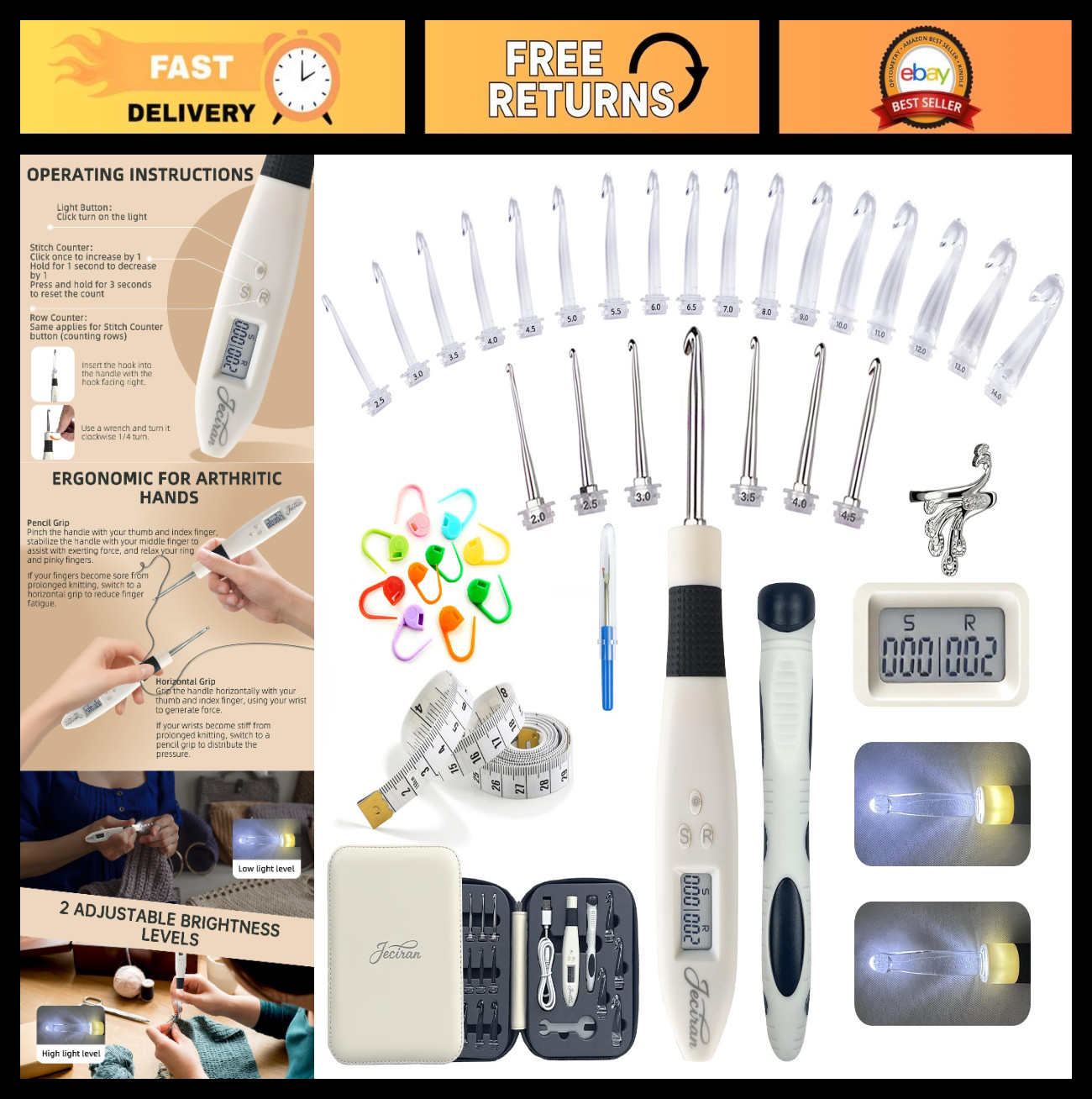 24 Interchangeable Crochet Hooks Set with LED Light & Digital Stitch Counter, Er