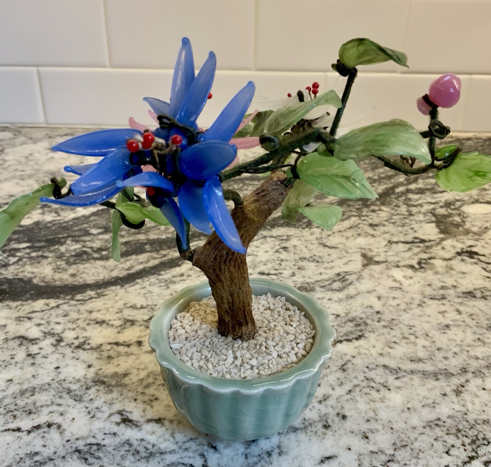 Victorian Era Chinese Jade Flowered Bonsai Tree in Celedon Planter
