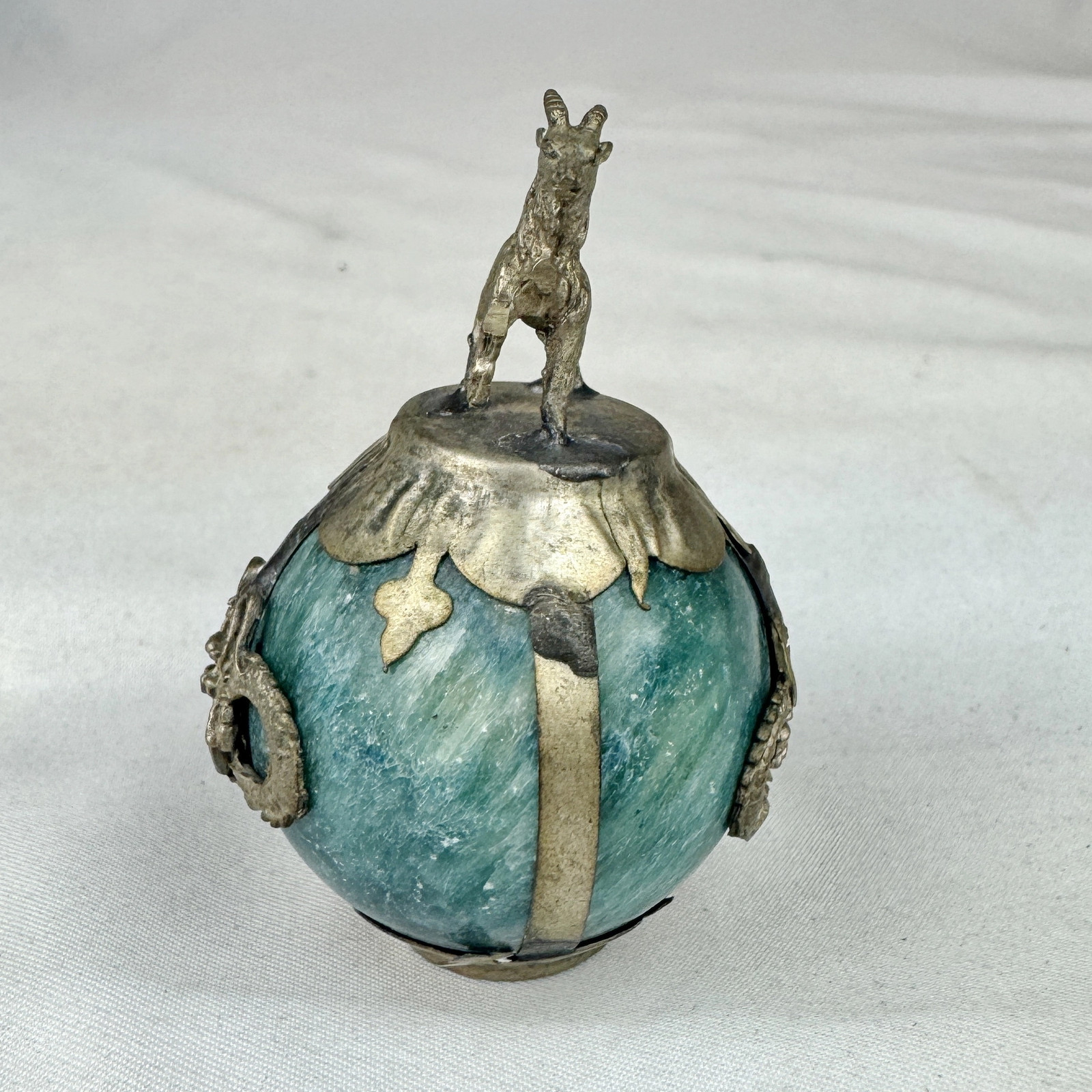 Vintage Chinese Zodiac SHEEP Green Marble Orb, Pewter/Tin Finial, Dragon Motif