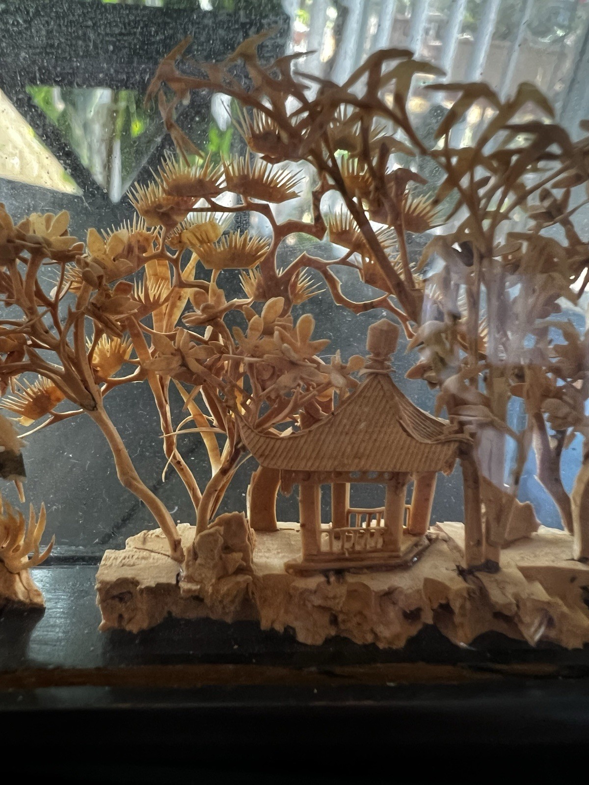 Vintage Chinese Hand Carved Cork Diorama Pagoda Scene 3D