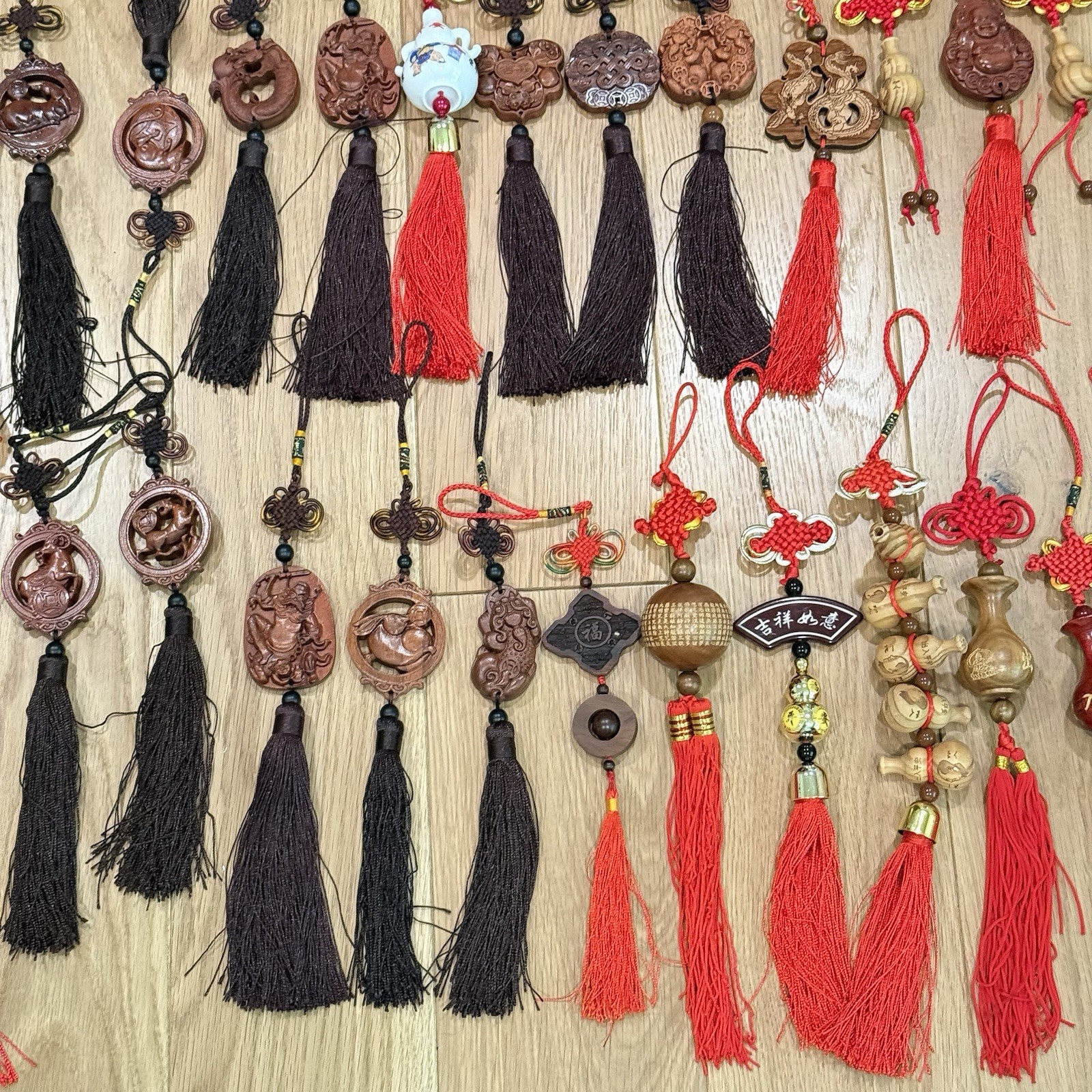 LOT OF Chinese Asian Good Luck Wall Hanging Wood Carve Porcelain Ornament Tassel