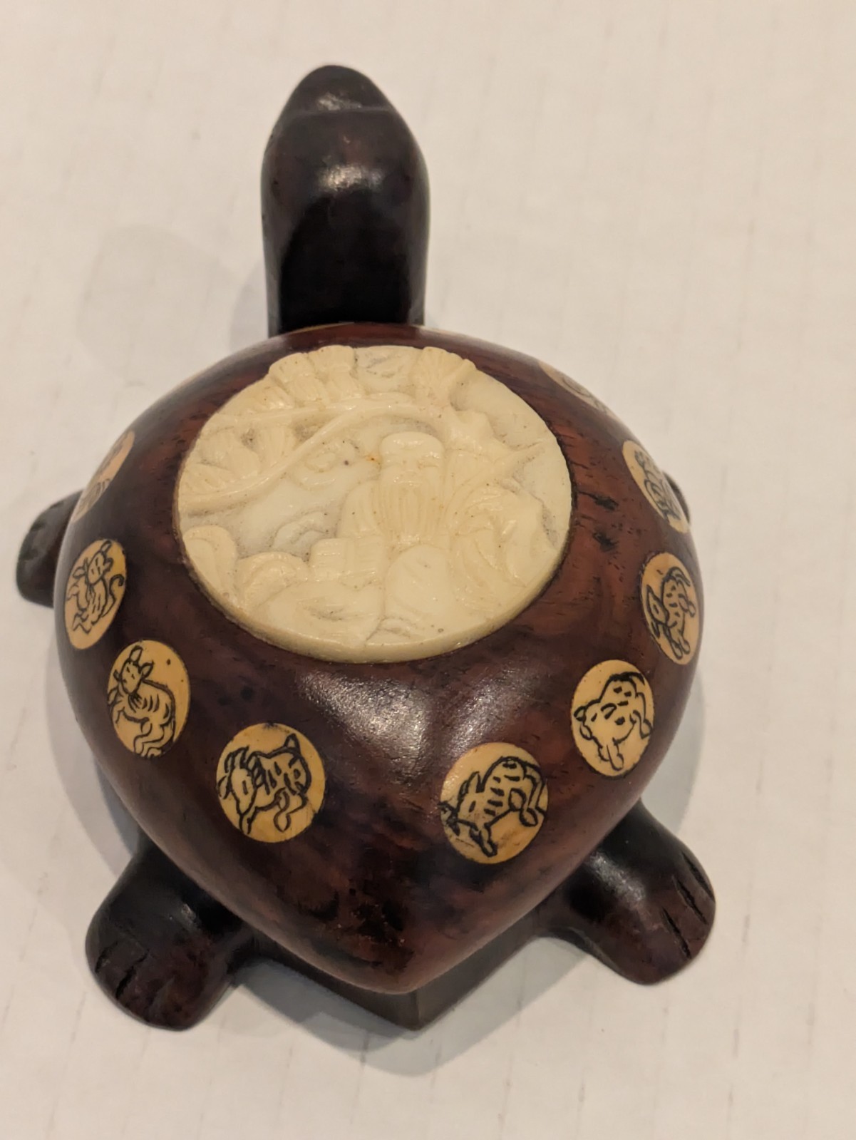 Vintage Carved Wood Turtle with Inlaid Chinese Zodiac Signs Opens to Compass