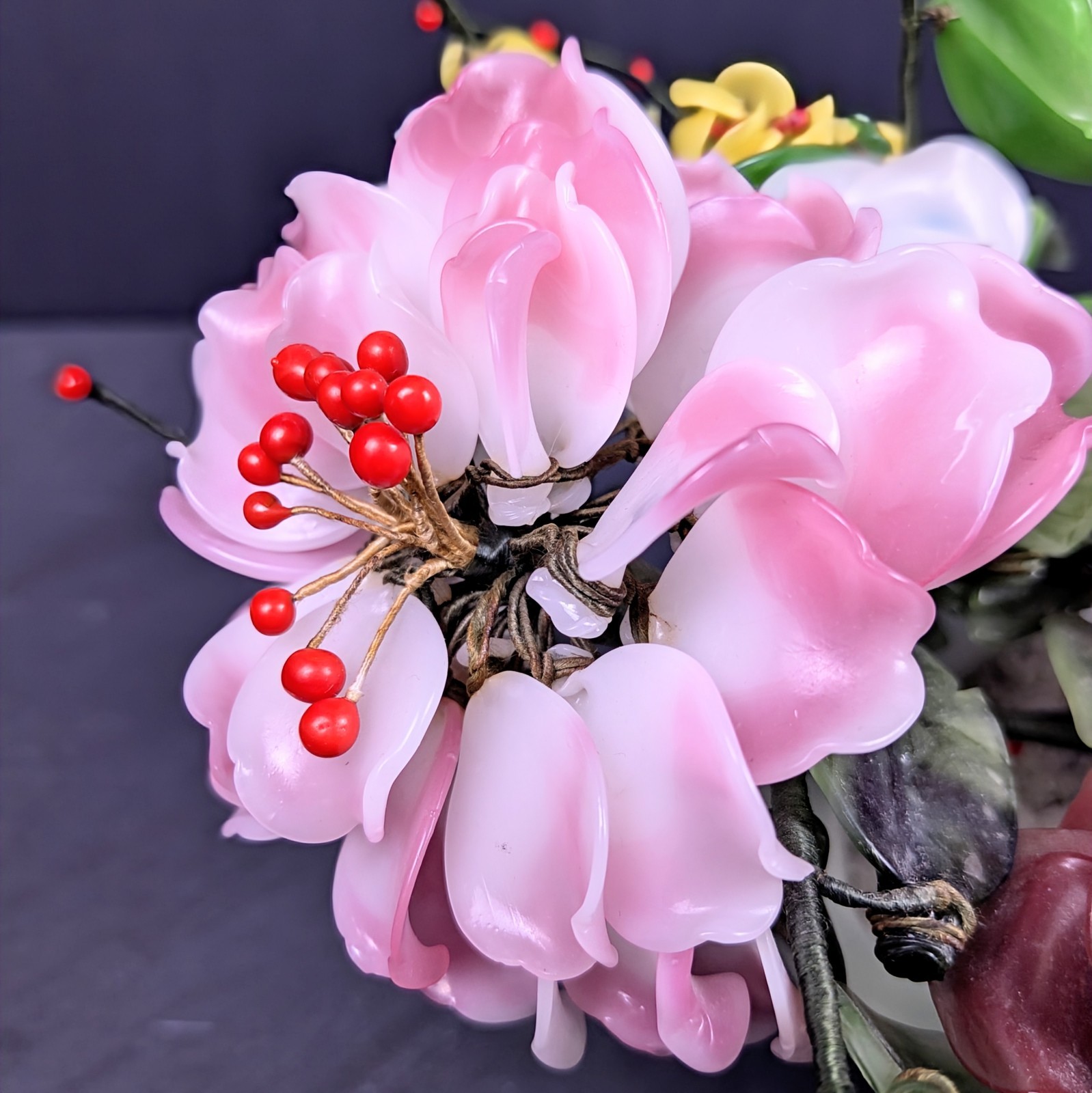 Vintage Jade Style Glass Flower Arrangement Asian Bonsai Planter Pink Red Purple
