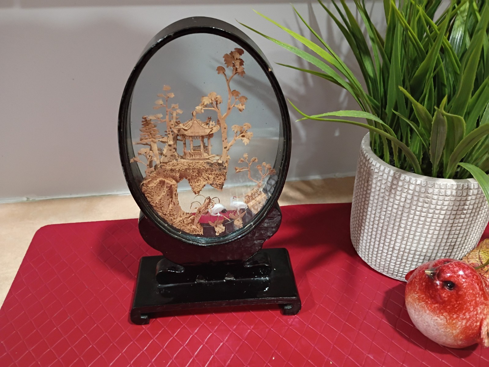 Vintage Hand Carved Cork Diorama Cranes Pagoda Trees Art, Glass Case