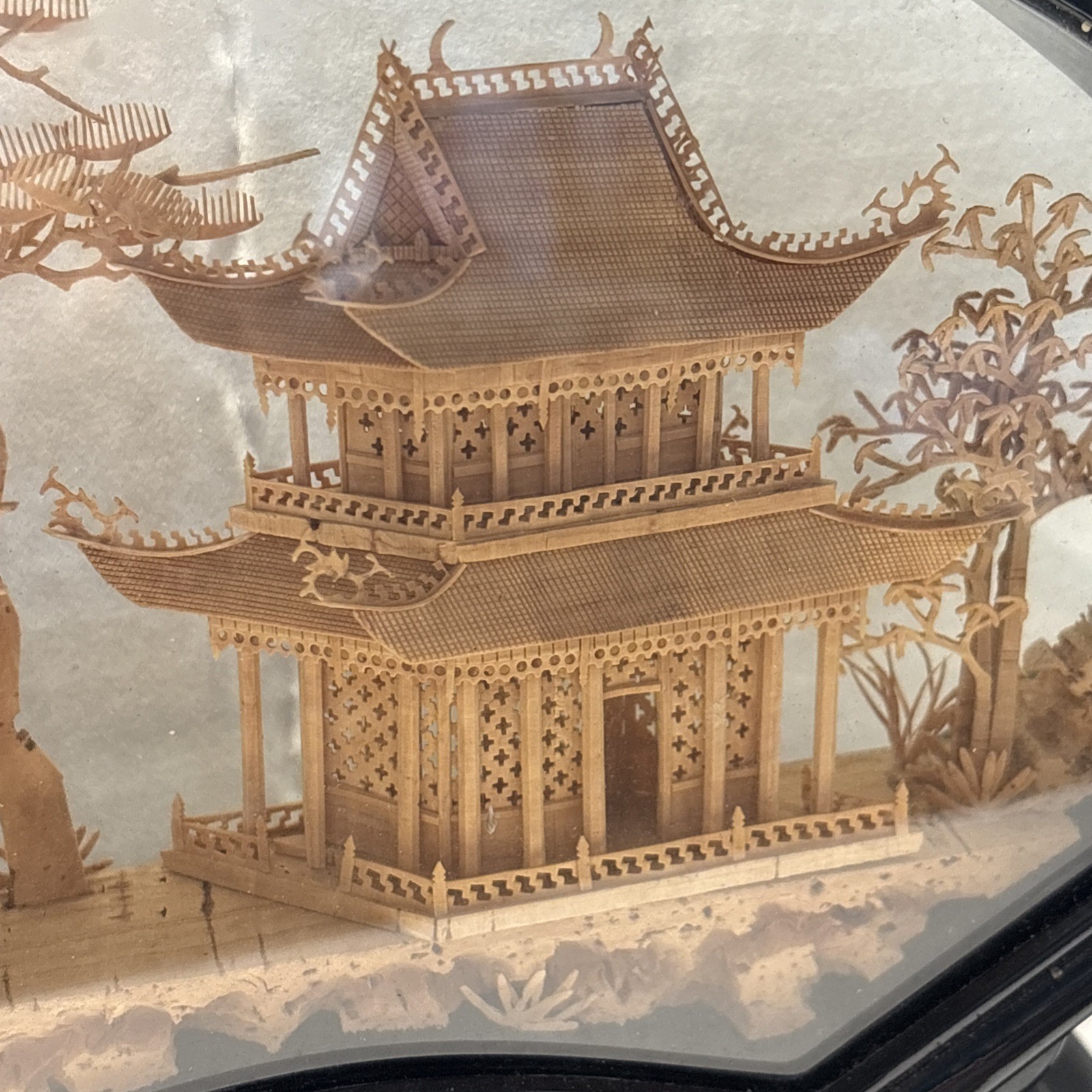 Vintage Chinese San Yo Diorama With Hand Carved Cork Pagoda Trees And Cranes