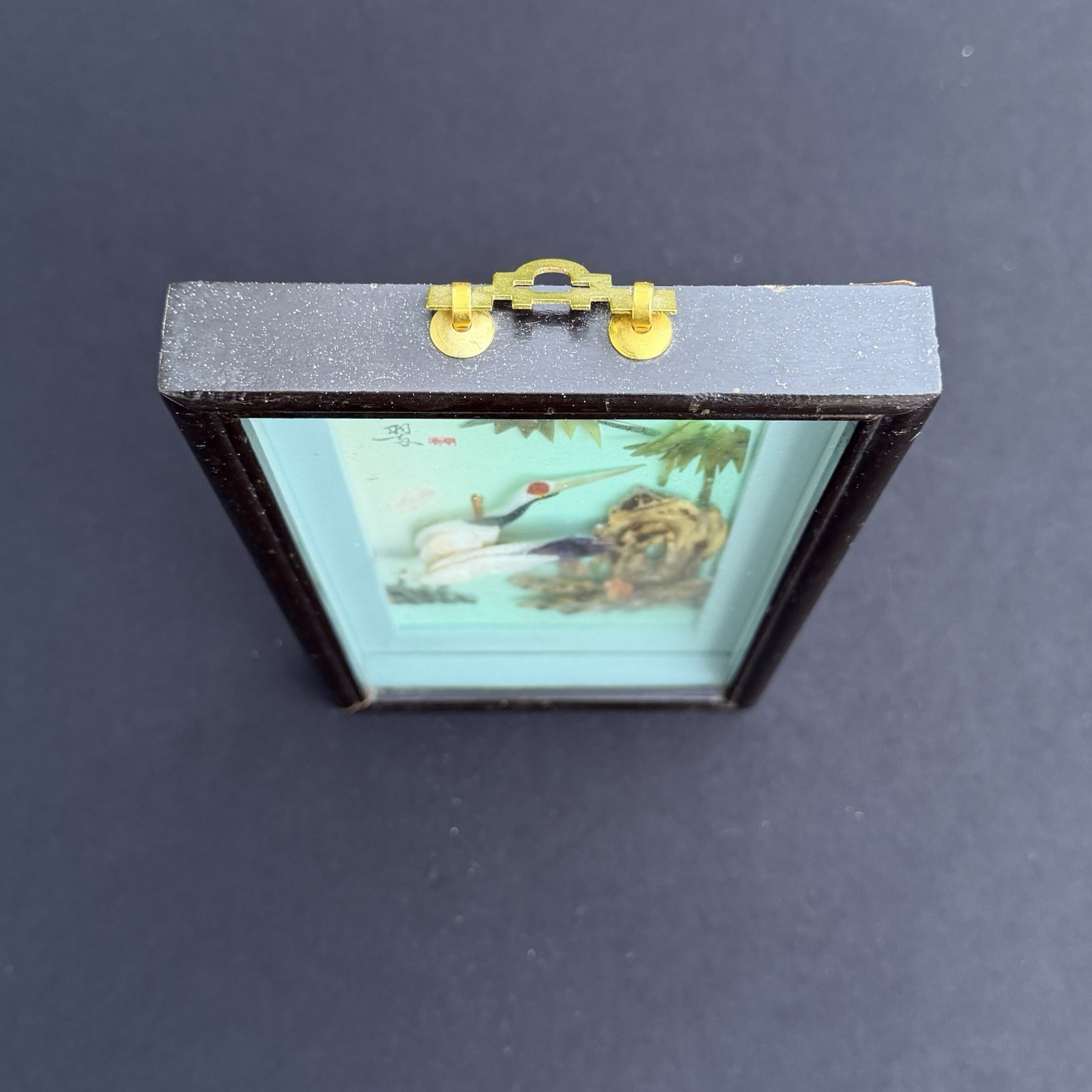 Vintage Asian 3D Shadowbox Wall Hanging Red-Crowned Cranes Shell Nature 9.5×5.5”