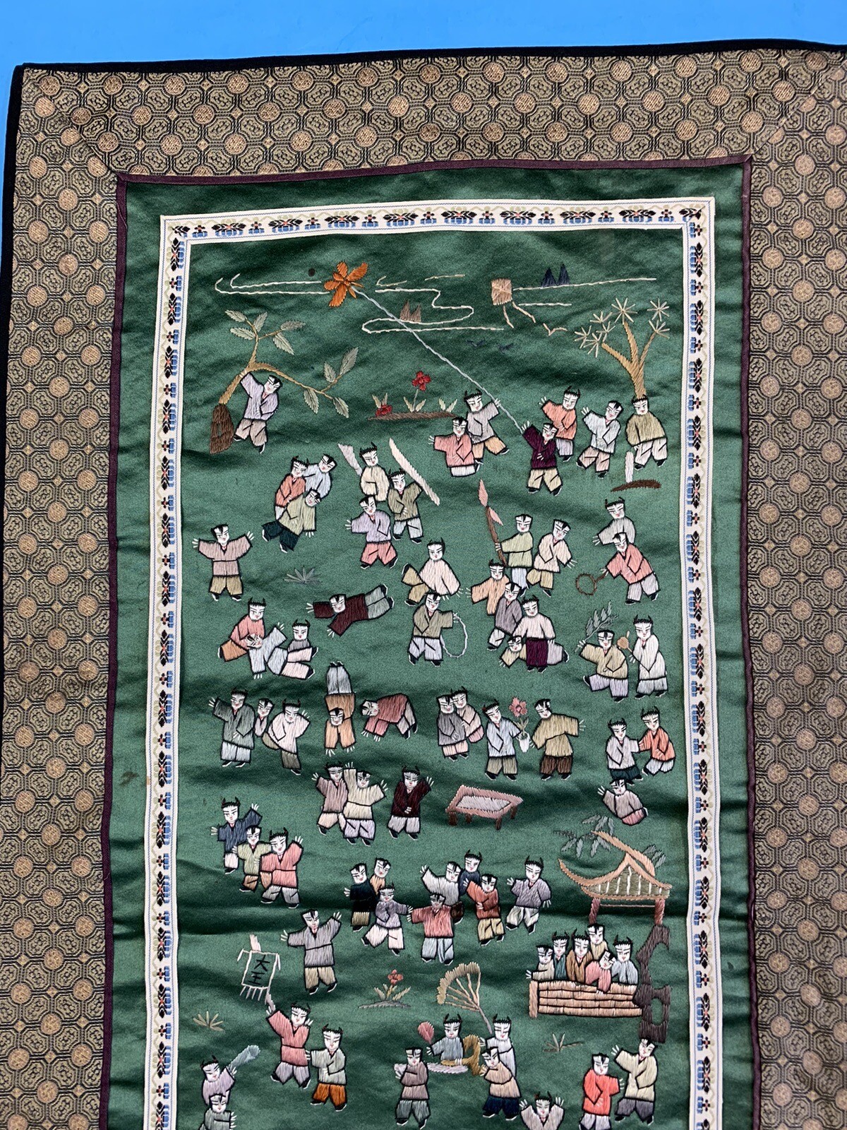 2 Vintage Chinese Hand Embroidered Silk Tapestry Wall Hanging Panels Children