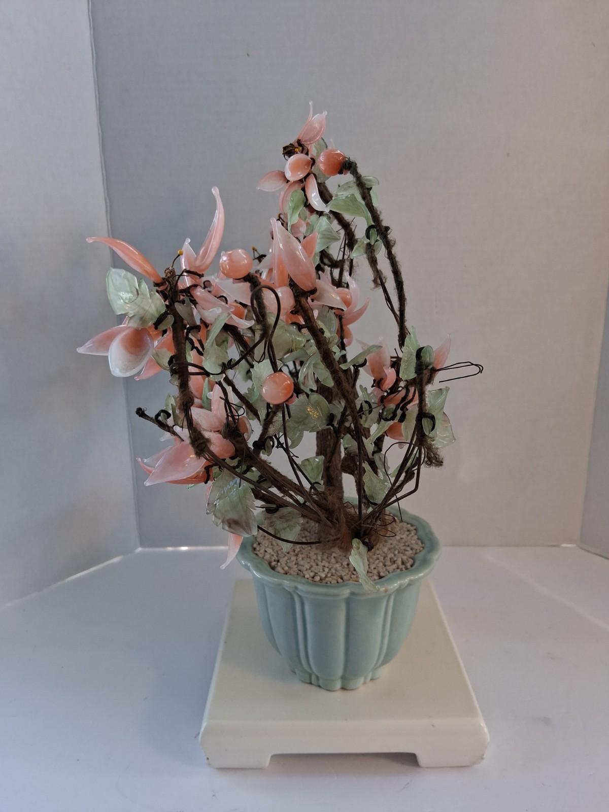 Vtg! XL Asian Bonsai Jade Glass & Coral Color Quartz Flowering Tree;14.5″x 13.0″