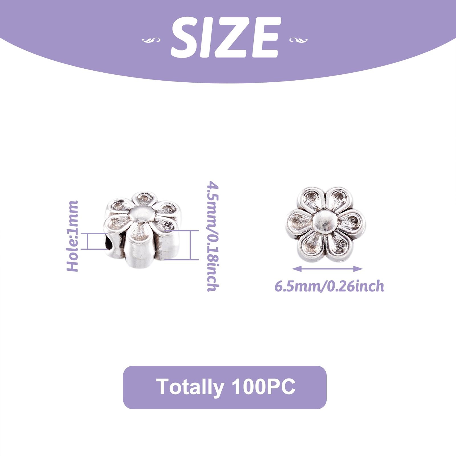 100Pcs Tibetan Silver Antique Silver Flower Bead Spacer Charms for Jewelry Makin