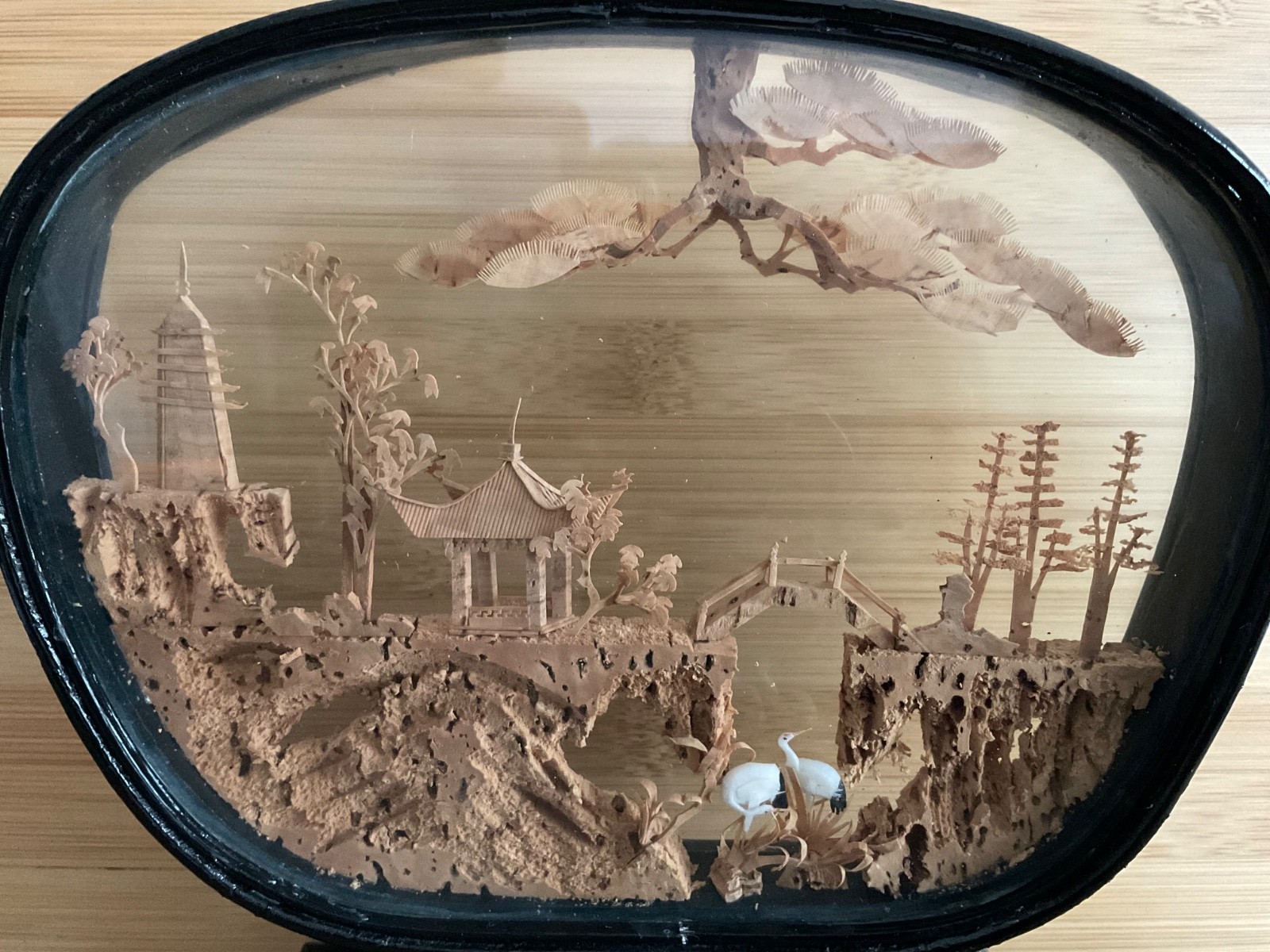 VTG Chinese Diorama Cork Carving Pagoda Trees Cranes Lacquer Glass Case 7” x 7”