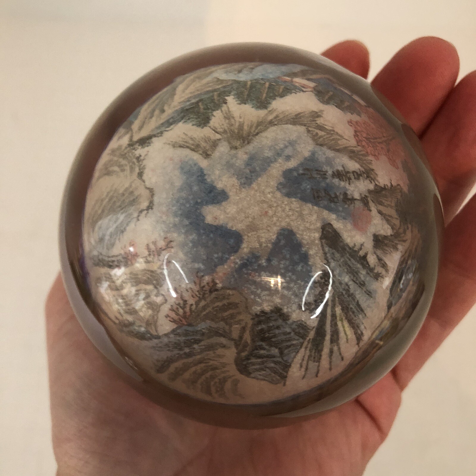 Vintage Chinese Reverse Painted Glass Ball Sphere paper weight Asian scene