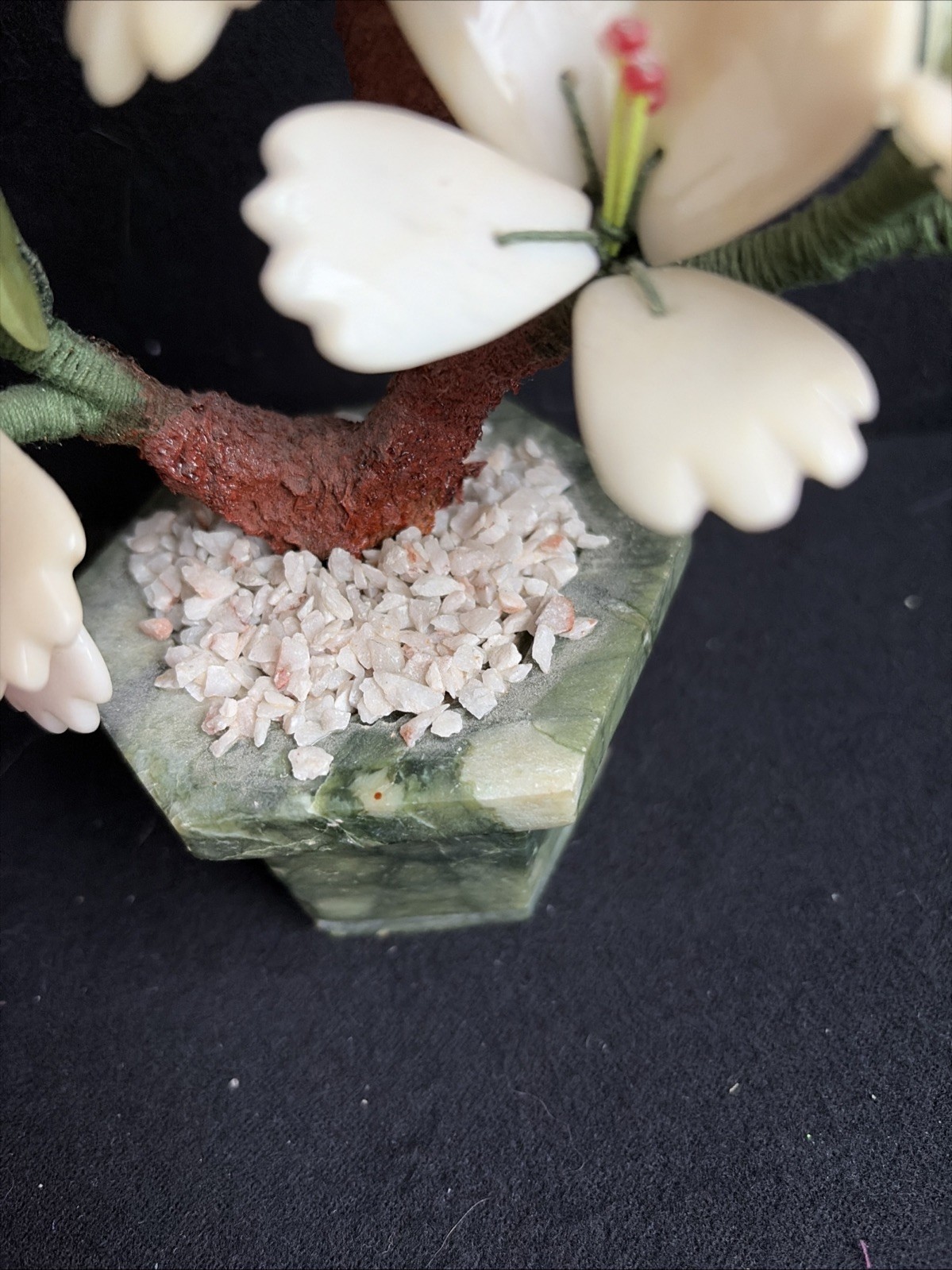 Vintage Oriental Stone Carved Jade Agate Bonsai Multi Flower Tree In Stone Pot
