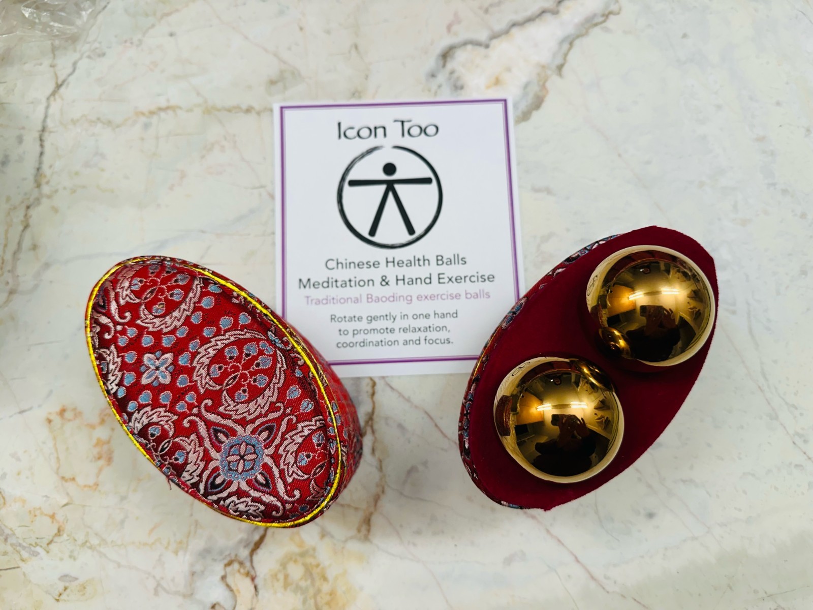 Icon Too Brass Baoding Chinese Health Balls Meditation Hand Exercise Set