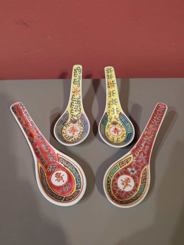 Vintage Mun Shou Red & Yellow Longevity Chinese Porcelain Soup Rice Spoons – 4