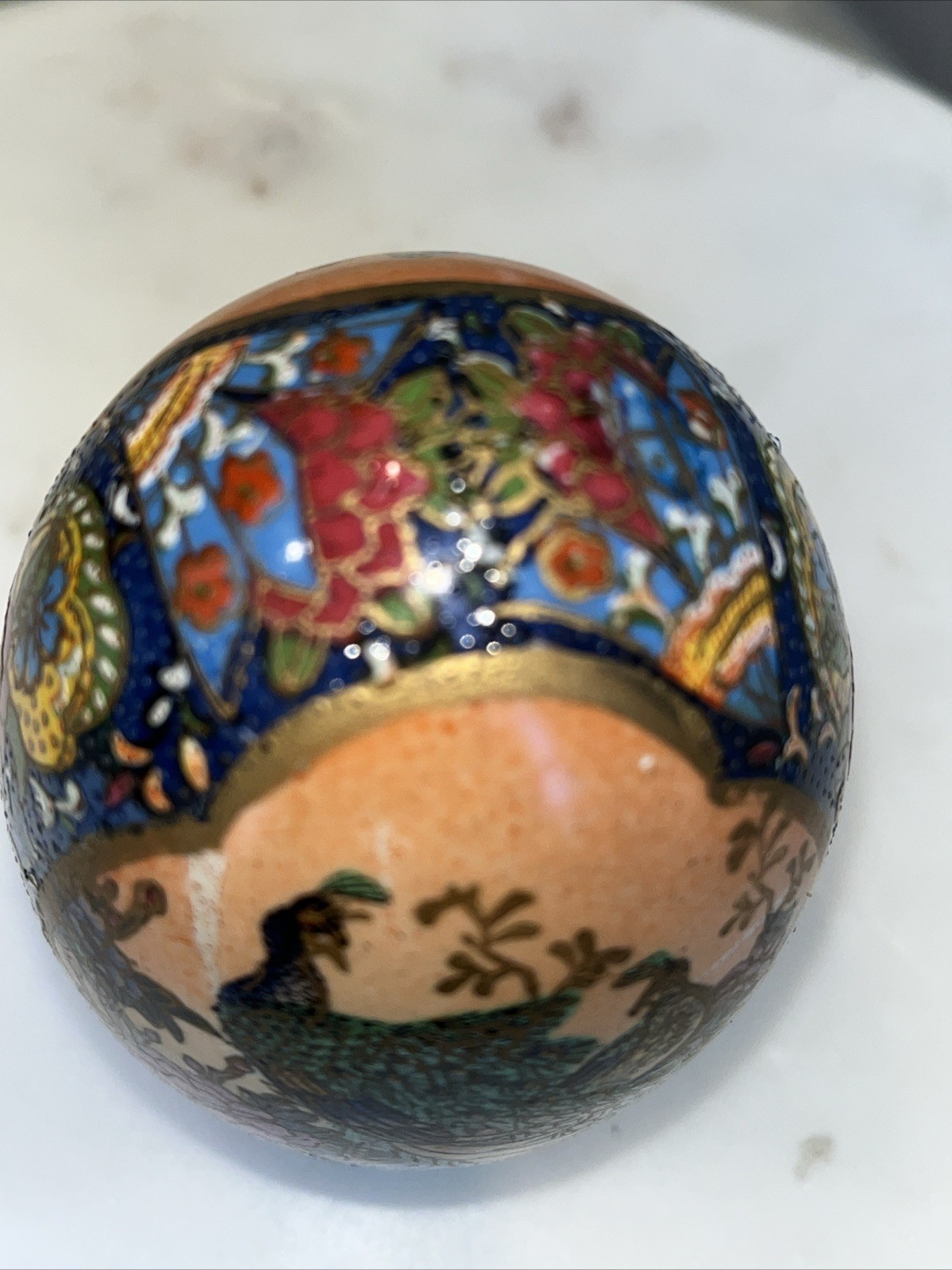 Moriage Style Porcelain Egg Gold Peacock Bird Flowers 4.5”x9.5” Gorgeous Colors