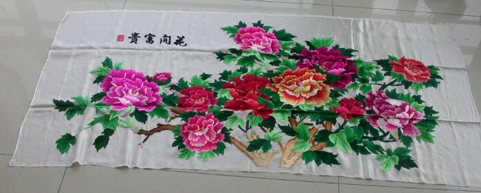 Chinese 100% hand embroideried silk Xiang (hunan) embroidery art:Peony 153cm