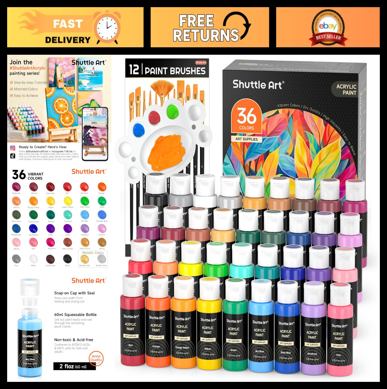 36 Colors Acrylic Paint Set – 2oz Non-Toxic Rich Pigments with Brushes & Palette